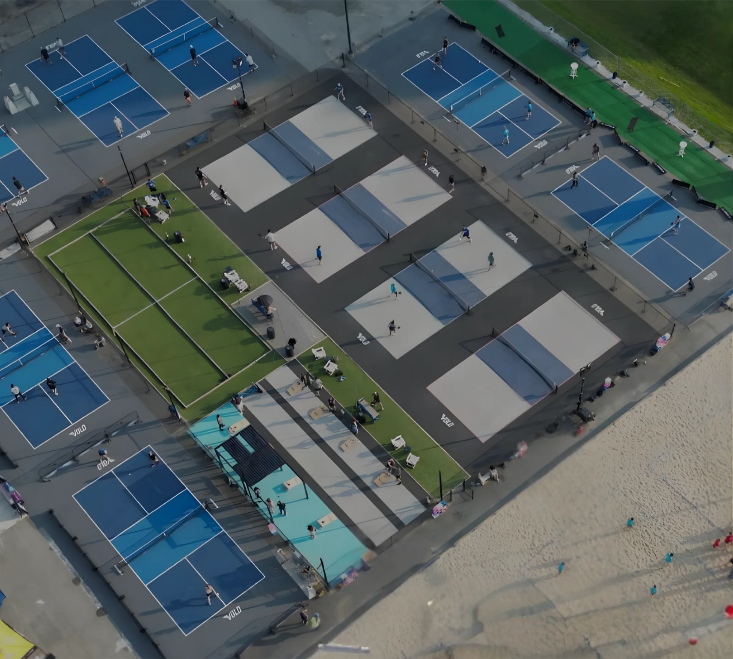 Aerial view of new pickleball, tennis, and basketball courts built by ACE Sport Surfaces